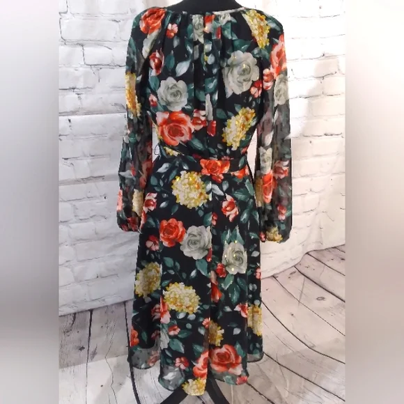 Tahari ASL Floral Velvet Silhouette Chiffon OverlayDress Red Yellow Bloom Black - Picture 9 of 14